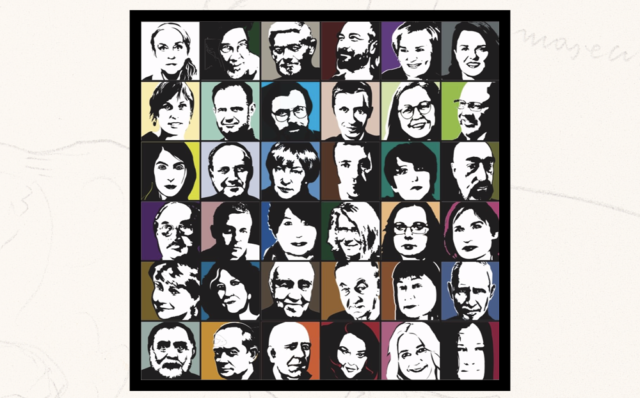 grafika promująca 10. urodziny kwartalinka literackiego LiryDram. Na środku kompozycja składająca się z 36 okładek Lirydramu (każda przedstawia twarz na innym kolorowym tle). Okładki ułożone są w kwadrat.